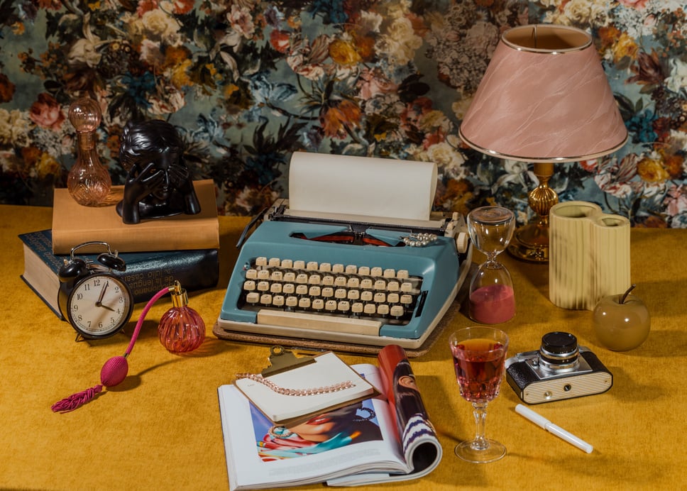 Retro Typewriter, and Books on Wooden Desk